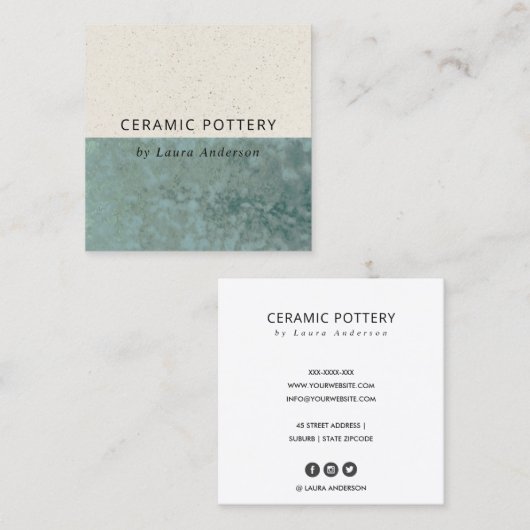 ティール（緑がかった色）緑セラミック釉施釉斑入り食感 スクエア名刺 (正面/裏面)