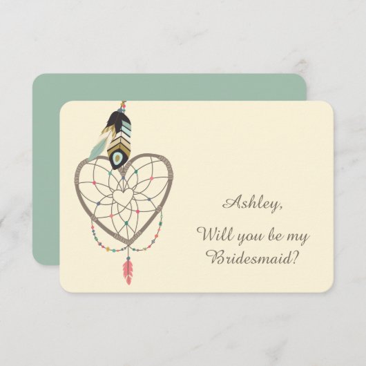ティール(緑がかった色)羽ドリームキャッチャー花嫁 招待状 (正面/裏面)