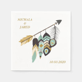 ティール（緑がかった色）羽結婚矢 スタンダードカクテルナプキン