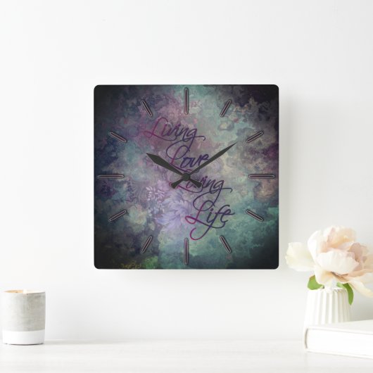 ティール（緑がかった色）自然ピンクイエローフローラストーン愛の人生S スクエア壁時計 (ホーム)