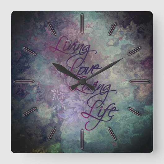 ティール(緑がかった色)自然ピンクイエローフローラストーン愛の人生S スクエア壁時計 (正面)