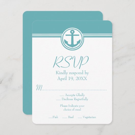ティール（緑がかった色）航海のいかりウェディングRSVPカード 出欠カード (正面/裏面)