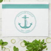 ティール（緑がかった色）航海のいかりブルーホワイトストライプファミリ名 キッチンタオル (折り畳み)