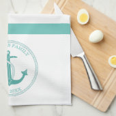 ティール（緑がかった色）航海のいかりブルーホワイトストライプファミリ名 キッチンタオル (四つ折り)