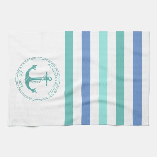 ティール（緑がかった色）航海のいかりブルーホワイトストライプファミリ名 キッチンタオル (横)