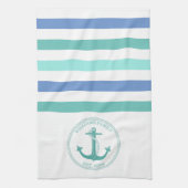 ティール（緑がかった色）航海のいかりブルーホワイトストライプファミリ名 キッチンタオル (縦)