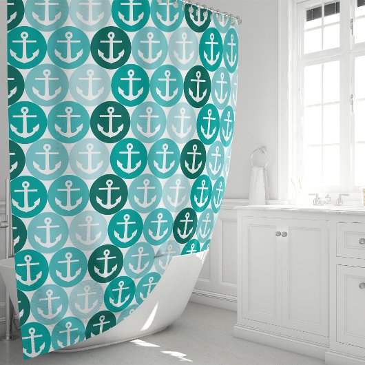 ティール（緑がかった色）航海のいかり水玉模様 シャワーカーテン