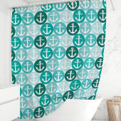 ティール（緑がかった色）航海のいかり水玉模様 シャワーカーテン