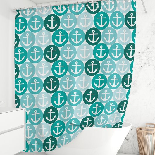 ティール（緑がかった色）航海のいかり水玉模様 シャワーカーテン