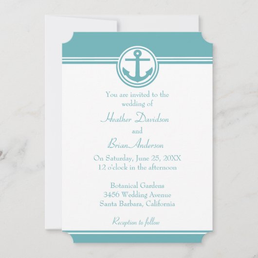 ティール(緑がかった色)航海のいかり結婚式招待状 招待状 (正面)