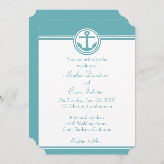 ティール(緑がかった色)航海のいかり結婚式招待状 招待状 (正面/裏面)