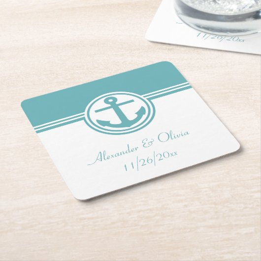 ティール(緑がかった色)航海のいかり スクエアペーパーコースター (アングル)