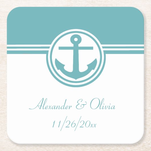 ティール(緑がかった色)航海のいかり スクエアペーパーコースター (正面)