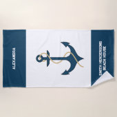 ティール（緑がかった色）航海のネームビーチハウス ビーチタオル (正面)