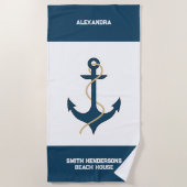 ティール（緑がかった色）航海のネームビーチハウス ビーチタオル (正面)