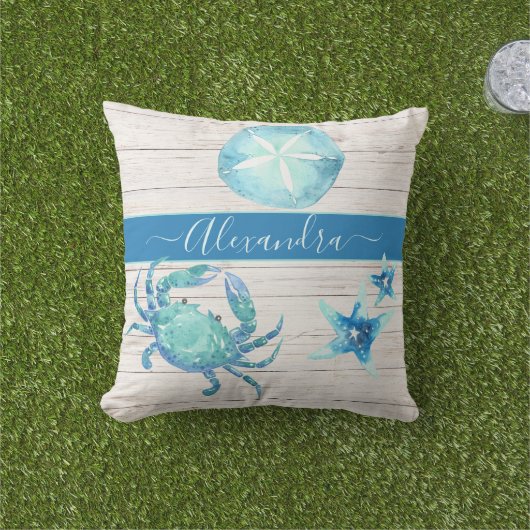 ティール(緑がかった色)航海のブルーカニ砂ドル屋外枕 アウトドアクッション (芝生)