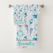 ティール(緑がかった色)航海のブルーコースタルシーライフホワイトウッド バスタオルセット (インサイチュ)