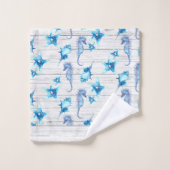 ティール(緑がかった色)航海のブルーコースタルシーライフホワイトウッド バスタオルセット (ウォッシュタオル)