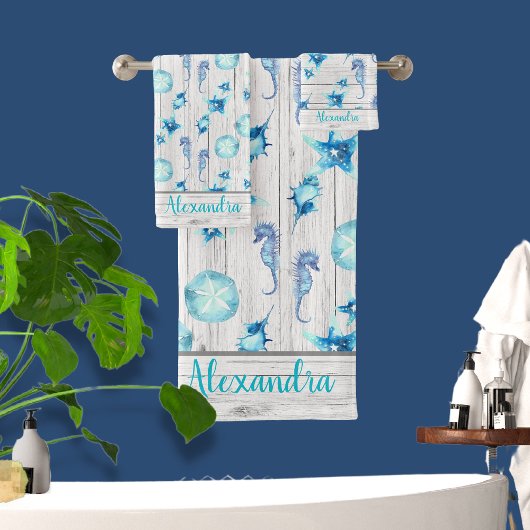 ティール(緑がかった色)航海のブルーコースタルシーライフホワイトウッド バスタオルセット