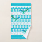 ティール(緑がかった色)航海のブルーホエールウェーブズ バスタオルセット (ハンドタオル)