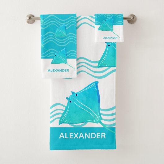 ティール(緑がかった色)航海のブルーマンタ線波バスタオルセット バスタオルセット (インサイチュ)