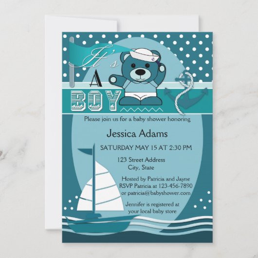 ティール（緑がかった色）航海のボーイベビーシャワー招待状 招待状 (正面)