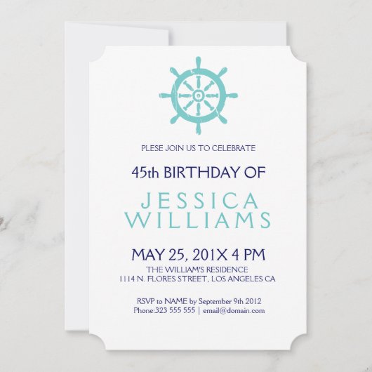ティール（緑がかった色）航海のボートホイールバースデーパーティー招待状 招待状 (正面)