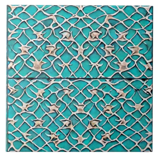 ティール(緑がかった色)色の中世インスパイアアート城 タイル (正面)