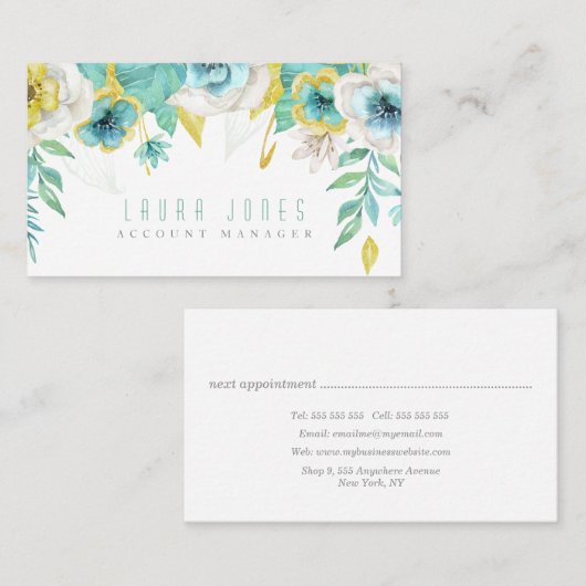 ティール（緑がかった色）色彩の鮮やかフローラ美容師アポイントメントカード 予約カード (正面/裏面)