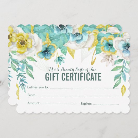 ティール(緑がかった色)色彩の鮮やかフローラ贈与証テンプレート (正面/裏面)