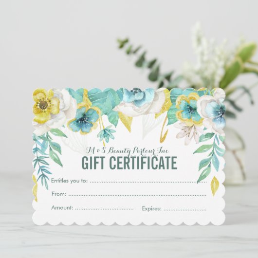 ティール(緑がかった色)色彩の鮮やかフローラ贈与証テンプレート (スタンド正面)