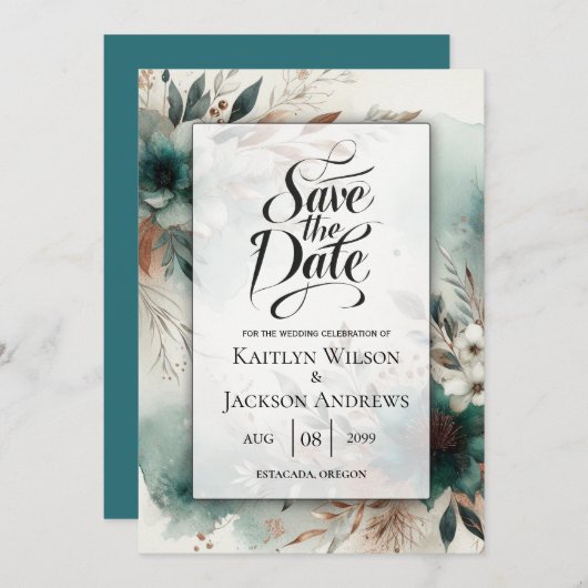 ティール（緑がかった色）花びらイン青銅開花結婚ズ セーブザデート (正面/裏面)