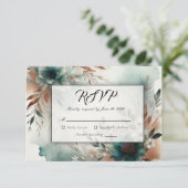 ティール（緑がかった色）花びらイン青銅開花結婚ズ 出欠カード (スタンド正面)