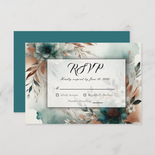 ティール（緑がかった色）花びらイン青銅開花結婚ズ 出欠カード (正面/裏面)