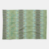 ティール(緑がかった色)花パターン(の模様が)あるデザイン キッチンタオル (横)