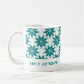 ティール(緑がかった色)花名前をカスタムする白 コーヒーマグカップ (左)