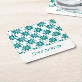 ティール（緑がかった色）花名前をカスタムする白 スクエアペーパーコースター