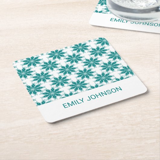 ティール（緑がかった色）花名前をカスタムする白 スクエアペーパーコースター (アングル)