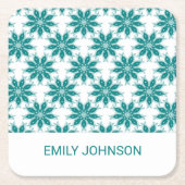 ティール（緑がかった色）花名前をカスタムする白 スクエアペーパーコースター (正面)