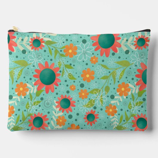 ティール（緑がかった色）花柄ユニークカスタムバッグ アクセサリーポーチ (正面)