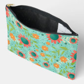 ティール（緑がかった色）花柄ユニークカスタムバッグ アクセサリーポーチ (見開き)