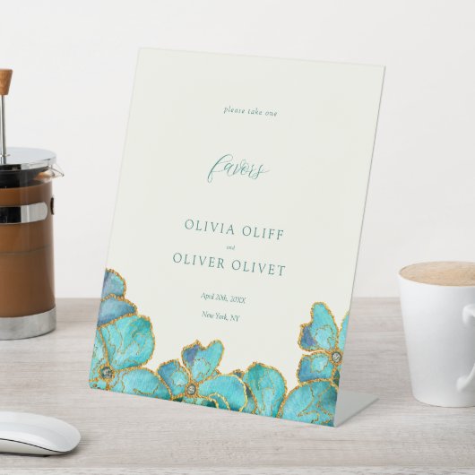 ティール（緑がかった色）花結婚式の引き出物 台座サイン (インサイチュ)