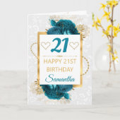 ティール（緑がかった色）花金フォイル誕生日 カード (黄色い花)