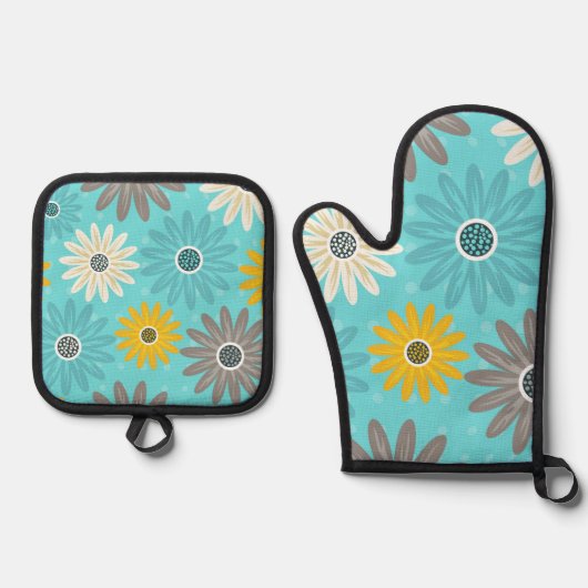 ティール（緑がかった色）花 鍋つかみ&鍋敷きセット (正面)