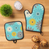 ティール（緑がかった色）花 鍋つかみ&鍋敷きセット (トップダウン)