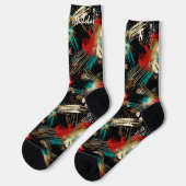 ティール（緑がかった色）芸術的、赤、金ゴールドの冬用ソックス ソックス (左)