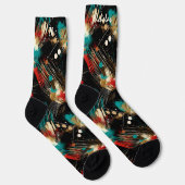 ティール（緑がかった色）芸術的、赤、金ゴールドの冬用ソックス ソックス (右)