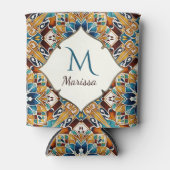 ティール（緑がかった色）茶色のタラベラの花嫁の贈り物モノグラムの 缶クーラー (正面)