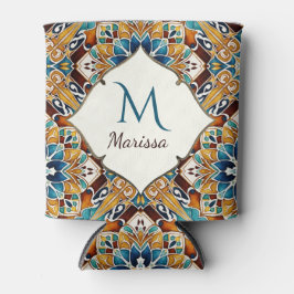 ティール（緑がかった色）茶色のタラベラの花嫁の贈り物モノグラムの 缶クーラー