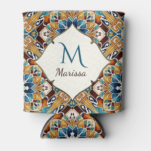 ティール（緑がかった色）茶色のタラベラの花嫁の贈り物モノグラムの 缶クーラー (正面)